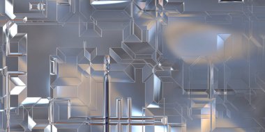 Parlak saten kaplama yüzey teknolojisi 3 boyutlu desen. Lüks yansımalı metal panel dokusu. Arkaplan, duvar kağıdı, uzay gemisi gövdesi için cilalanmış geometrik metal yansıtıcı fütüristik malzeme.