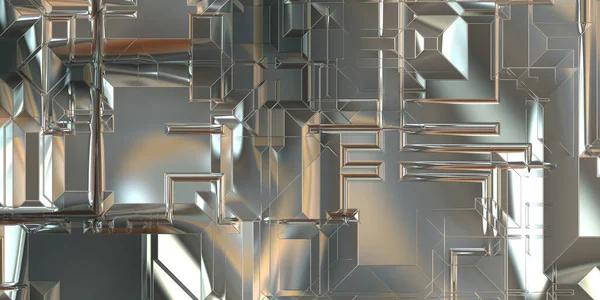 Parlak saten kaplama yüzey teknolojisi 3 boyutlu desen. Lüks yansımalı metal panel dokusu. Arkaplan, duvar kağıdı, uzay gemisi gövdesi için cilalanmış geometrik metal yansıtıcı fütüristik malzeme.