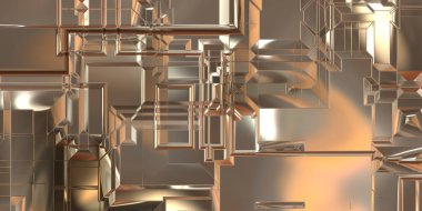 Parlak saten kaplama yüzey teknolojisi 3 boyutlu desen. Lüks yansımalı metal panel dokusu. Arkaplan, duvar kağıdı, uzay gemisi gövdesi için cilalanmış geometrik metal yansıtıcı fütüristik malzeme.