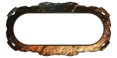 Üç boyutlu metalik illüstrasyon. Beyaz arka planda izole edilmiş fantezi çerçevesi. Davetiyeler, posterler, menü, hatıra defteri ve sunum için mükemmel. Metnin için şablon.