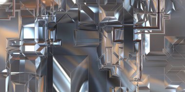 Parlak saten kaplama yüzey teknolojisi 3 boyutlu desen. Lüks yansımalı metal panel dokusu. Arkaplan, duvar kağıdı, uzay gemisi gövdesi için cilalanmış geometrik metal yansıtıcı fütüristik malzeme.