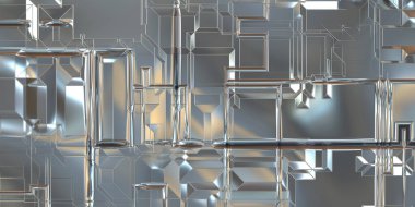 Parlak saten kaplama yüzey teknolojisi 3 boyutlu desen. Lüks yansımalı metal panel dokusu. Arkaplan, duvar kağıdı, uzay gemisi gövdesi için cilalanmış geometrik metal yansıtıcı fütüristik malzeme.