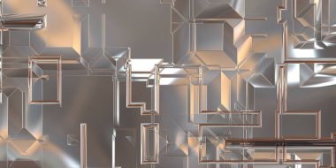 Parlak saten kaplama yüzey teknolojisi 3 boyutlu desen. Lüks yansımalı metal panel dokusu. Arkaplan, duvar kağıdı, uzay gemisi gövdesi için cilalanmış geometrik metal yansıtıcı fütüristik malzeme.