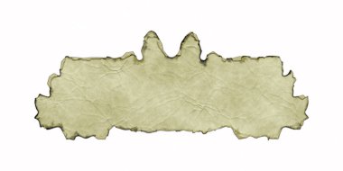 Beyaz arka planda yanmış ve kıvrılmış kenarları olan antik parşömen afişi. Üç boyutlu fantezi illüstrasyonu. Kırışıklıkları ve kıvrımları olan eski bir parşömen. Ortaçağ antik kalkanı. Menü şablonu.