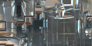 Parlak saten kaplama yüzey teknolojisi 3 boyutlu desen. Lüks yansımalı metal panel dokusu. Arkaplan, duvar kağıdı, uzay gemisi gövdesi için cilalanmış geometrik metal yansıtıcı fütüristik malzeme.