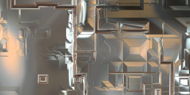 Parlak saten kaplama yüzey teknolojisi 3 boyutlu desen. Lüks yansımalı metal panel dokusu. Arkaplan, duvar kağıdı, uzay gemisi gövdesi için cilalanmış geometrik metal yansıtıcı fütüristik malzeme.