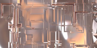 Parlak saten kaplama yüzey teknolojisi 3 boyutlu desen. Lüks yansımalı metal panel dokusu. Arkaplan, duvar kağıdı, uzay gemisi gövdesi için cilalanmış geometrik metal yansıtıcı fütüristik malzeme.