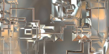 Parlak saten kaplama yüzey teknolojisi 3 boyutlu desen. Lüks yansımalı metal panel dokusu. Arkaplan, duvar kağıdı, uzay gemisi gövdesi için cilalanmış geometrik metal yansıtıcı fütüristik malzeme.