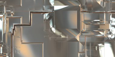Parlak saten kaplama yüzey teknolojisi 3 boyutlu desen. Lüks yansımalı metal panel dokusu. Arkaplan, duvar kağıdı, uzay gemisi gövdesi için cilalanmış geometrik metal yansıtıcı fütüristik malzeme.