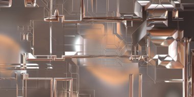 Parlak saten kaplama yüzey teknolojisi 3 boyutlu desen. Lüks yansımalı metal panel dokusu. Arkaplan, duvar kağıdı, uzay gemisi gövdesi için cilalanmış geometrik metal yansıtıcı fütüristik malzeme.