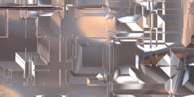 Parlak saten kaplama yüzey teknolojisi 3 boyutlu desen. Lüks yansımalı metal panel dokusu. Arkaplan, duvar kağıdı, uzay gemisi gövdesi için cilalanmış geometrik metal yansıtıcı fütüristik malzeme.