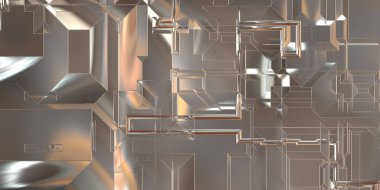 Parlak saten kaplama yüzey teknolojisi 3 boyutlu desen. Lüks yansımalı metal panel dokusu. Arkaplan, duvar kağıdı, uzay gemisi gövdesi için cilalanmış geometrik metal yansıtıcı fütüristik malzeme.