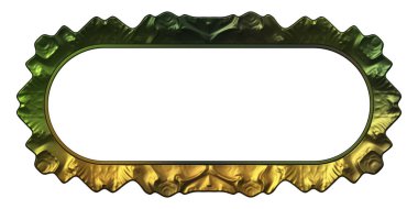 Üç boyutlu metalik illüstrasyon. Beyaz arka planda izole edilmiş fantezi çerçevesi. Davetiyeler, posterler, menü, hatıra defteri ve sunum için mükemmel. Metnin için şablon.