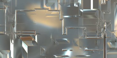 Parlak saten kaplama yüzey teknolojisi 3 boyutlu desen. Lüks yansımalı metal panel dokusu. Arkaplan, duvar kağıdı, uzay gemisi gövdesi için cilalanmış geometrik metal yansıtıcı fütüristik malzeme.