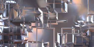 Parlak saten kaplama yüzey teknolojisi 3 boyutlu desen. Lüks yansımalı metal panel dokusu. Arkaplan, duvar kağıdı, uzay gemisi gövdesi için cilalanmış geometrik metal yansıtıcı fütüristik malzeme.