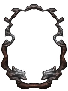 Üç boyutlu metalik illüstrasyon. Beyaz arka planda izole edilmiş fantezi çerçevesi. Davetiyeler, posterler, menü, hatıra defteri ve sunum için mükemmel. Metnin için şablon.