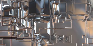 Parlak saten kaplama yüzey teknolojisi 3 boyutlu desen. Lüks yansımalı metal panel dokusu. Arkaplan, duvar kağıdı, uzay gemisi gövdesi için cilalanmış geometrik metal yansıtıcı fütüristik malzeme.