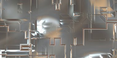 Parlak saten kaplama yüzey teknolojisi 3 boyutlu desen. Lüks yansımalı metal panel dokusu. Arkaplan, duvar kağıdı, uzay gemisi gövdesi için cilalanmış geometrik metal yansıtıcı fütüristik malzeme.