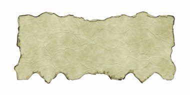 Beyaz arka planda yanmış ve kıvrılmış kenarları olan antik parşömen afişi. Üç boyutlu fantezi illüstrasyonu. Kırışıklıkları ve kıvrımları olan eski bir parşömen. Ortaçağ antik kalkanı. Menü şablonu.