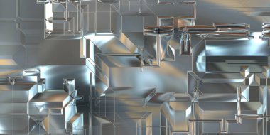 Parlak saten kaplama yüzey teknolojisi 3 boyutlu desen. Lüks yansımalı metal panel dokusu. Arkaplan, duvar kağıdı, uzay gemisi gövdesi için cilalanmış geometrik metal yansıtıcı fütüristik malzeme.