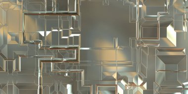 Parlak saten kaplama yüzey teknolojisi 3 boyutlu desen. Lüks yansımalı metal panel dokusu. Arkaplan, duvar kağıdı, uzay gemisi gövdesi için cilalanmış geometrik metal yansıtıcı fütüristik malzeme.