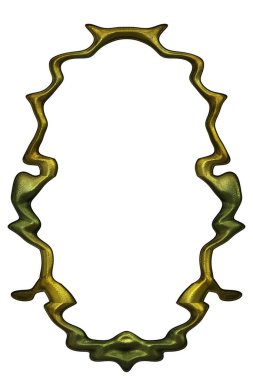 Üç boyutlu metalik illüstrasyon. Beyaz arka planda izole edilmiş fantezi çerçevesi. Davetiyeler, posterler, menü, hatıra defteri ve sunum için mükemmel. Metnin için şablon.