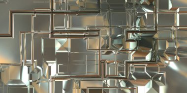 Parlak saten kaplama yüzey teknolojisi 3 boyutlu desen. Lüks yansımalı metal panel dokusu. Arkaplan, duvar kağıdı, uzay gemisi gövdesi için cilalanmış geometrik metal yansıtıcı fütüristik malzeme.