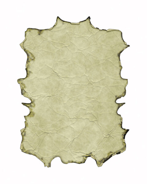 Antique parchment banner with burnt and curled edges isolated on white background. 3D fantasy illustration. Old vintage scroll with wrinkles and folds. Medieval ancient shield. Menu template.