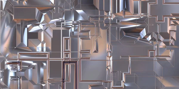 Parlak saten kaplama yüzey teknolojisi 3 boyutlu desen. Lüks yansımalı metal panel dokusu. Arkaplan, duvar kağıdı, uzay gemisi gövdesi için cilalanmış geometrik metal yansıtıcı fütüristik malzeme.