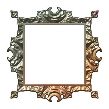 Üç boyutlu metalik illüstrasyon. Beyaz arka planda izole edilmiş fantezi çerçevesi. Davetiyeler, posterler, menü, hatıra defteri ve sunum için mükemmel. Metnin için şablon.
