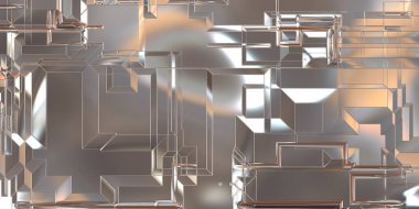 Parlak saten kaplama yüzey teknolojisi 3 boyutlu desen. Lüks yansımalı metal panel dokusu. Arkaplan, duvar kağıdı, uzay gemisi gövdesi için cilalanmış geometrik metal yansıtıcı fütüristik malzeme.