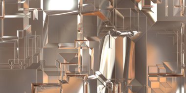 Parlak saten kaplama yüzey teknolojisi 3 boyutlu desen. Lüks yansımalı metal panel dokusu. Arkaplan, duvar kağıdı, uzay gemisi gövdesi için cilalanmış geometrik metal yansıtıcı fütüristik malzeme.
