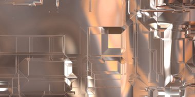Parlak saten kaplama yüzey teknolojisi 3 boyutlu desen. Lüks yansımalı metal panel dokusu. Arkaplan, duvar kağıdı, uzay gemisi gövdesi için cilalanmış geometrik metal yansıtıcı fütüristik malzeme.