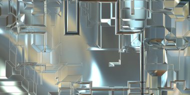 Parlak saten kaplama yüzey teknolojisi 3 boyutlu desen. Lüks yansımalı metal panel dokusu. Arkaplan, duvar kağıdı, uzay gemisi gövdesi için cilalanmış geometrik metal yansıtıcı fütüristik malzeme.