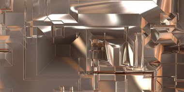 Parlak saten kaplama yüzey teknolojisi 3 boyutlu desen. Lüks yansımalı metal panel dokusu. Arkaplan, duvar kağıdı, uzay gemisi gövdesi için cilalanmış geometrik metal yansıtıcı fütüristik malzeme.