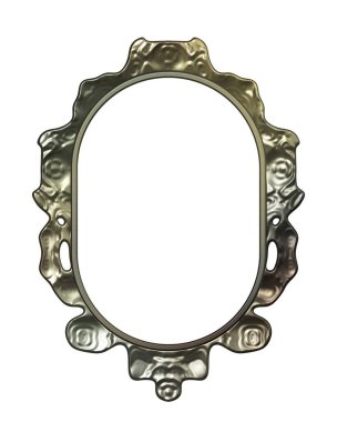 Üç boyutlu metalik illüstrasyon. Beyaz arka planda izole edilmiş fantezi çerçevesi. Davetiyeler, posterler, menü, hatıra defteri ve sunum için mükemmel. Metnin için şablon.