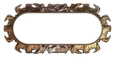 Üç boyutlu metalik illüstrasyon. Beyaz arka planda izole edilmiş fantezi çerçevesi. Davetiyeler, posterler, menü, hatıra defteri ve sunum için mükemmel. Metnin için şablon.