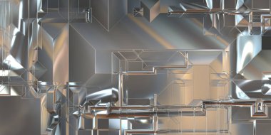 Parlak saten kaplama yüzey teknolojisi 3 boyutlu desen. Lüks yansımalı metal panel dokusu. Arkaplan, duvar kağıdı, uzay gemisi gövdesi için cilalanmış geometrik metal yansıtıcı fütüristik malzeme.