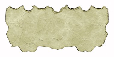 Beyaz arka planda yanmış ve kıvrılmış kenarları olan antik parşömen afişi. Üç boyutlu fantezi illüstrasyonu. Kırışıklıkları ve kıvrımları olan eski bir parşömen. Ortaçağ antik kalkanı. Menü şablonu.