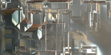 Parlak saten kaplama yüzey teknolojisi 3 boyutlu desen. Lüks yansımalı metal panel dokusu. Arkaplan, duvar kağıdı, uzay gemisi gövdesi için cilalanmış geometrik metal yansıtıcı fütüristik malzeme.