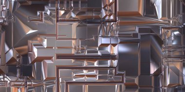 Parlak saten kaplama yüzey teknolojisi 3 boyutlu desen. Lüks yansımalı metal panel dokusu. Arkaplan, duvar kağıdı, uzay gemisi gövdesi için cilalanmış geometrik metal yansıtıcı fütüristik malzeme.