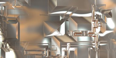 Parlak saten kaplama yüzey teknolojisi 3 boyutlu desen. Lüks yansımalı metal panel dokusu. Arkaplan, duvar kağıdı, uzay gemisi gövdesi için cilalanmış geometrik metal yansıtıcı fütüristik malzeme.