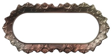 Üç boyutlu metalik illüstrasyon. Beyaz arka planda izole edilmiş fantezi çerçevesi. Davetiyeler, posterler, menü, hatıra defteri ve sunum için mükemmel. Metnin için şablon.