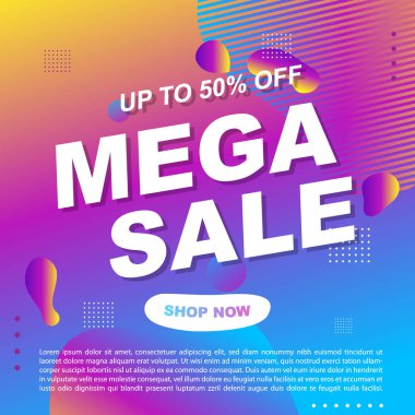 Mega Satış Destekleyici Bayrak Şablonu Tasarım Süper Satış Özel Teklif indirimi afişi, akışkan, sıvı gradyan vektörü