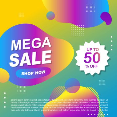 Mega Satış Destekleyici Bayrak Şablonu Tasarım Süper Satış Özel Teklif indirimi afişi, akışkan, sıvı gradyan vektörü