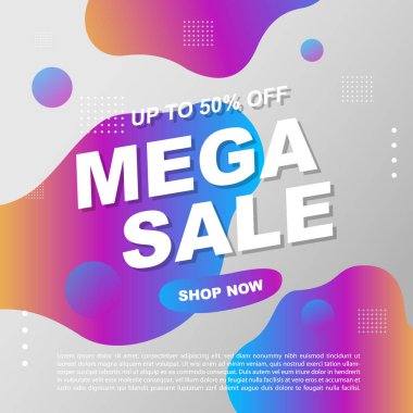 Mega Satış Destekleyici Bayrak Şablonu Tasarım Süper Satış Özel Teklif indirimi afişi, akışkan, sıvı gradyan vektörü