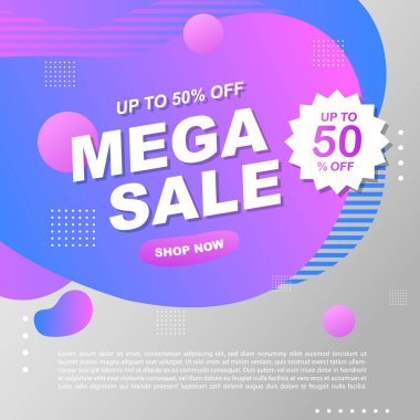 Mega Satış Destekleyici Bayrak Şablonu Tasarım Süper Satış Özel Teklif indirimi afişi, akışkan, sıvı gradyan vektörü