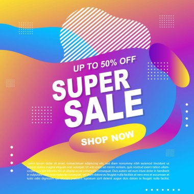 Mega Satış Destekleyici Bayrak Şablonu Tasarım Süper Satış Özel Teklif indirimi afişi, akışkan, sıvı gradyan vektörü