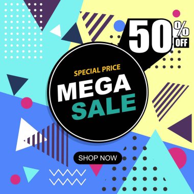 Mega satış modern pankart şablon tasarımı. Sosyal medya için vektör hisse senedi çizimi. Memphis Tarzı, indirimler, parlak renkler