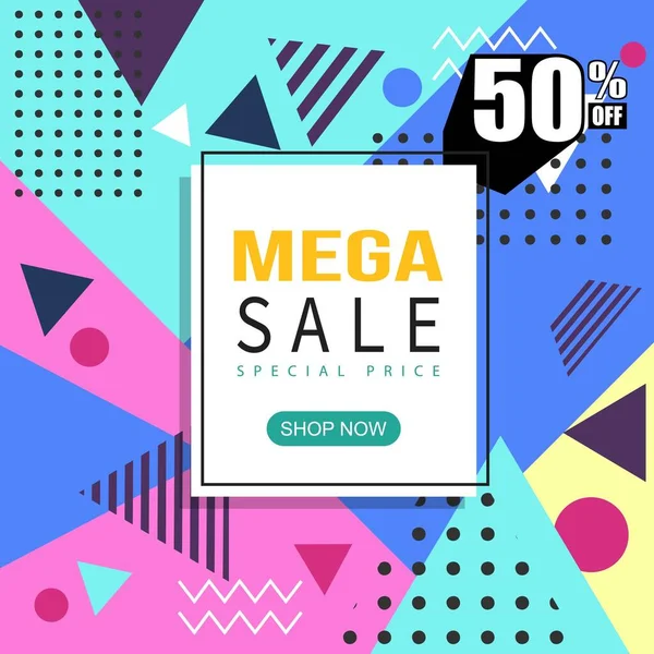 Mega Verkauf Promo Memphis Stil Webbanner Poster Tag Und Flyer — Stockvektor